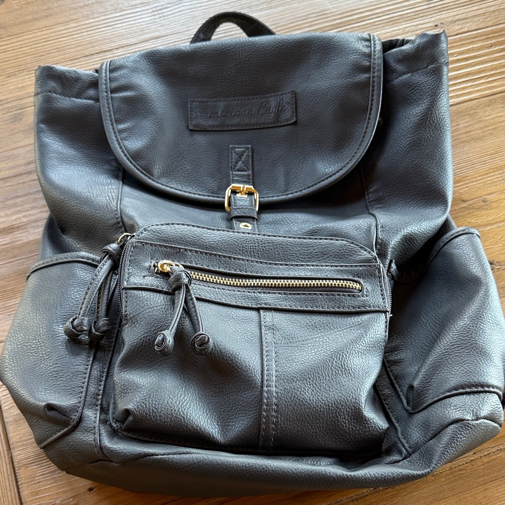 American Eagle Outfitters Gray Faux Leather Backpack with Gold Buckle
